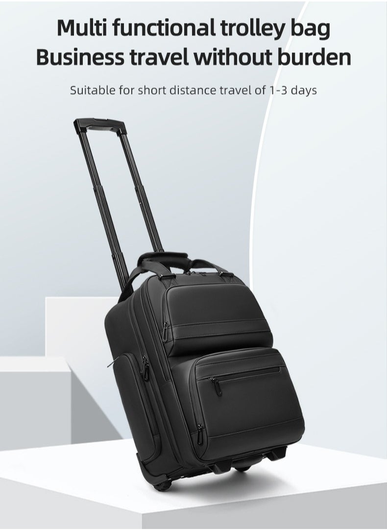 Skycare Carry-On Backpack Underseat Multi-functional, 18-inch Lightweight Overnight Suitcase with Smooth Wheels for Travel Business (Black, Carry-On 18-Inch)