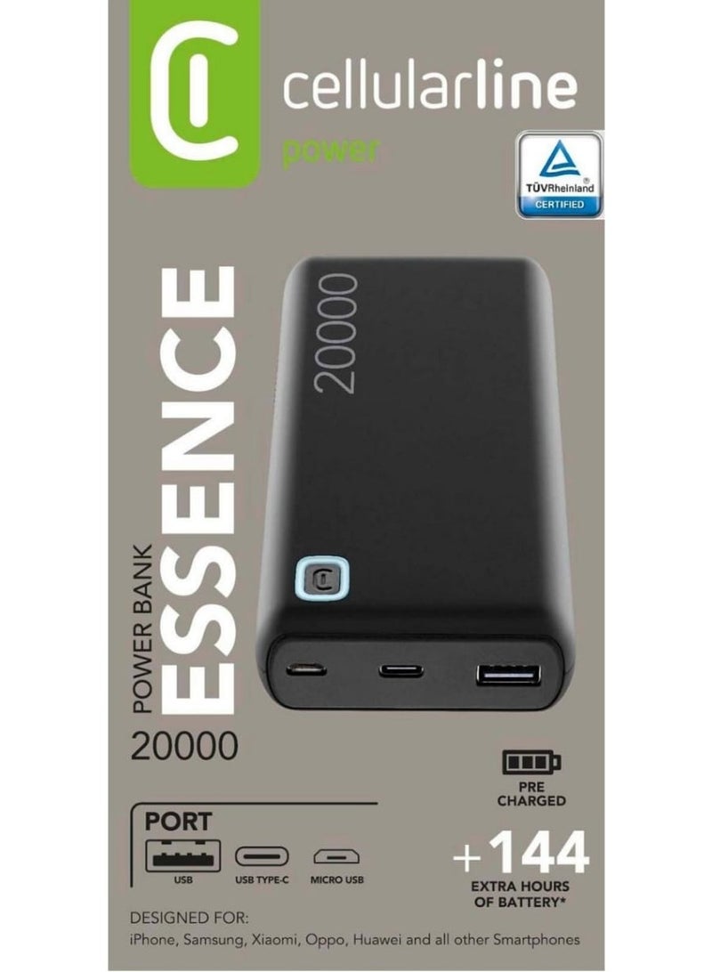 سيلولار لاين يعد بنك الطاقة CELLULARLINE ESSENCE بسعة 20000 مللي أمبير في الساعة مثاليًا لأولئك الذين يحتاجون إلى طاقة احتياطية موثوقة للاستخدام اليومي أو السفر أو حالات الطوارئ. - Image 1
