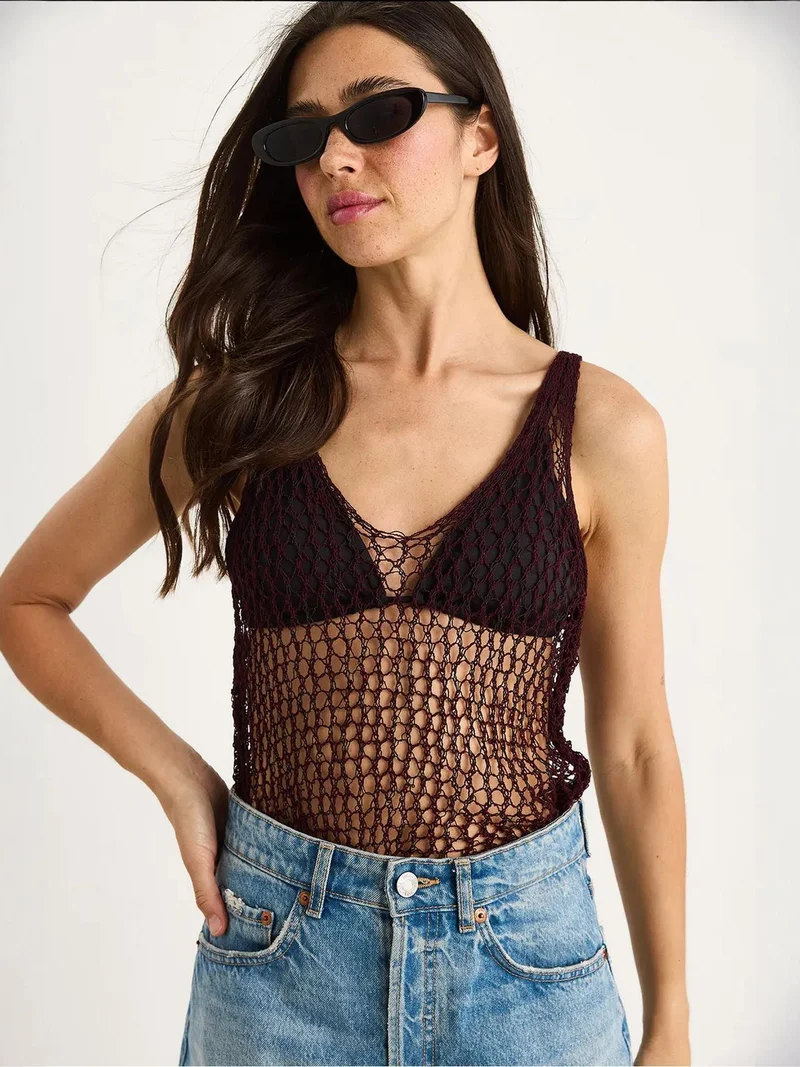 Bianco Lucci LUCCI Textured Knitwear Crew Neck Blouse with Mesh Detail