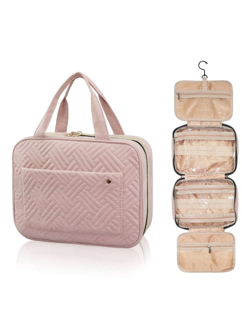 KASTWAVE Hanging Toiletry Bag, 4 Compartments Large Travel Makeup Bag Waterproof, Portable Cosmetic Toiletries Storage, Pink Wash Bag for Women, Men - Image 1