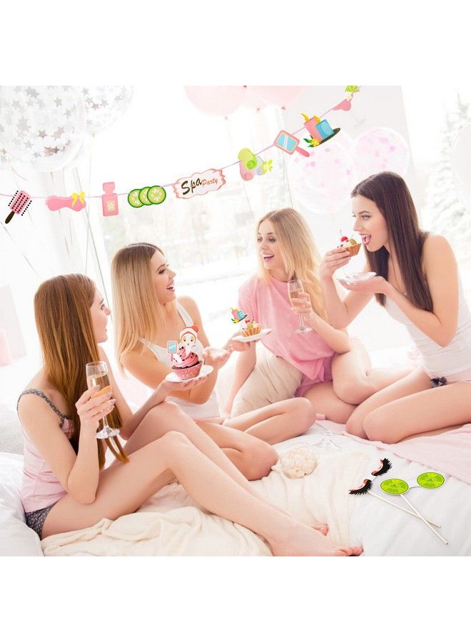 Fowecelt 29Pcs Spa Birthday Party Supplies For Girls With Spa Photo Booth Props Kids Spa Cupcake Toppers Banner Spa Theme Party Favor Decor Women Spa Day Makeup Decor - Image 5