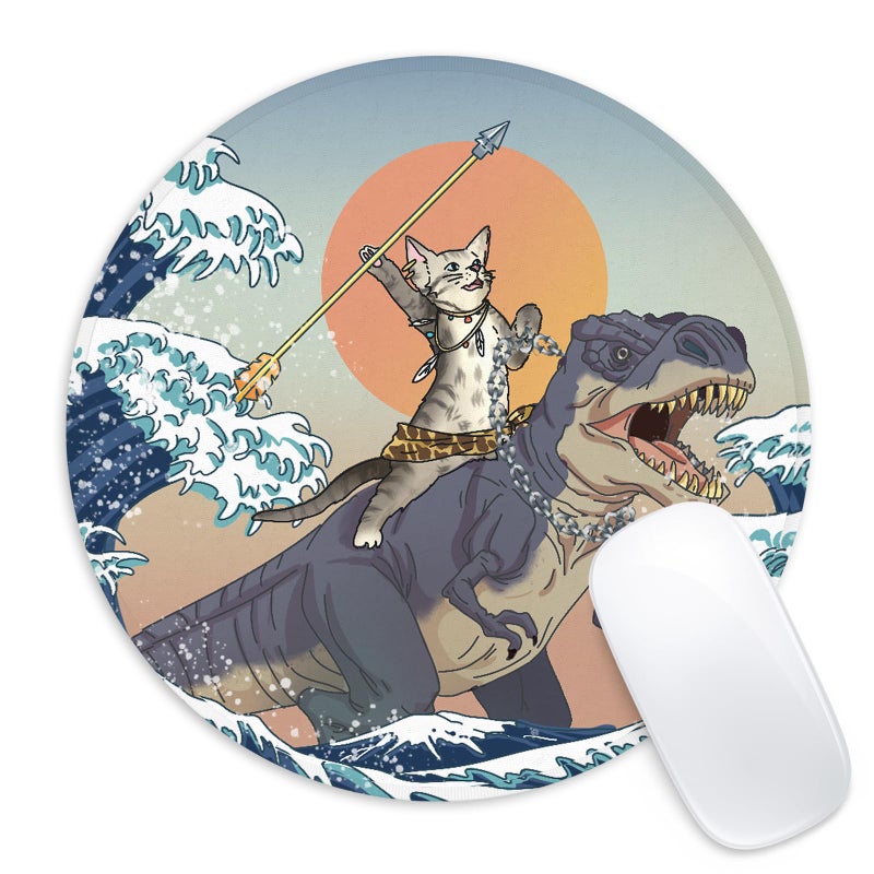 Adastrah Cat and Dinosaur Round Mouse Pad,Funny Small Mouse Pad with Non-Slip Rubber Base,Mouse Mat,Home Office Decor Desk Accessories,8.7inch Round Mouse Pad - Image 1