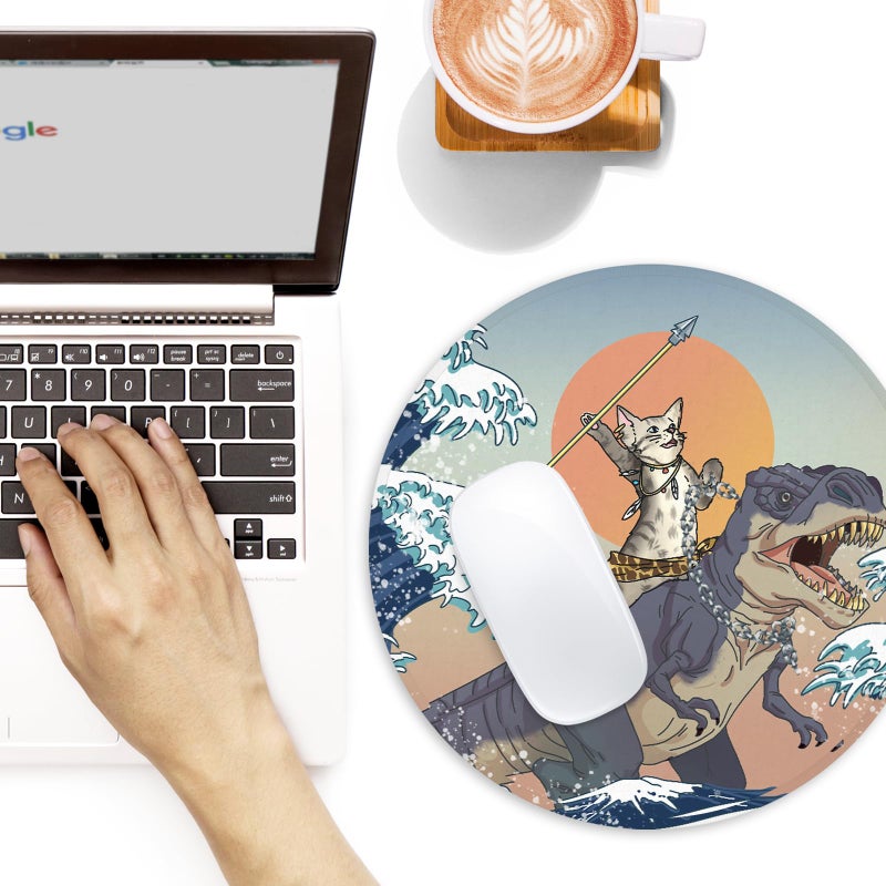 Adastrah Cat and Dinosaur Round Mouse Pad,Funny Small Mouse Pad with Non-Slip Rubber Base,Mouse Mat,Home Office Decor Desk Accessories,8.7inch Round Mouse Pad - Image 2