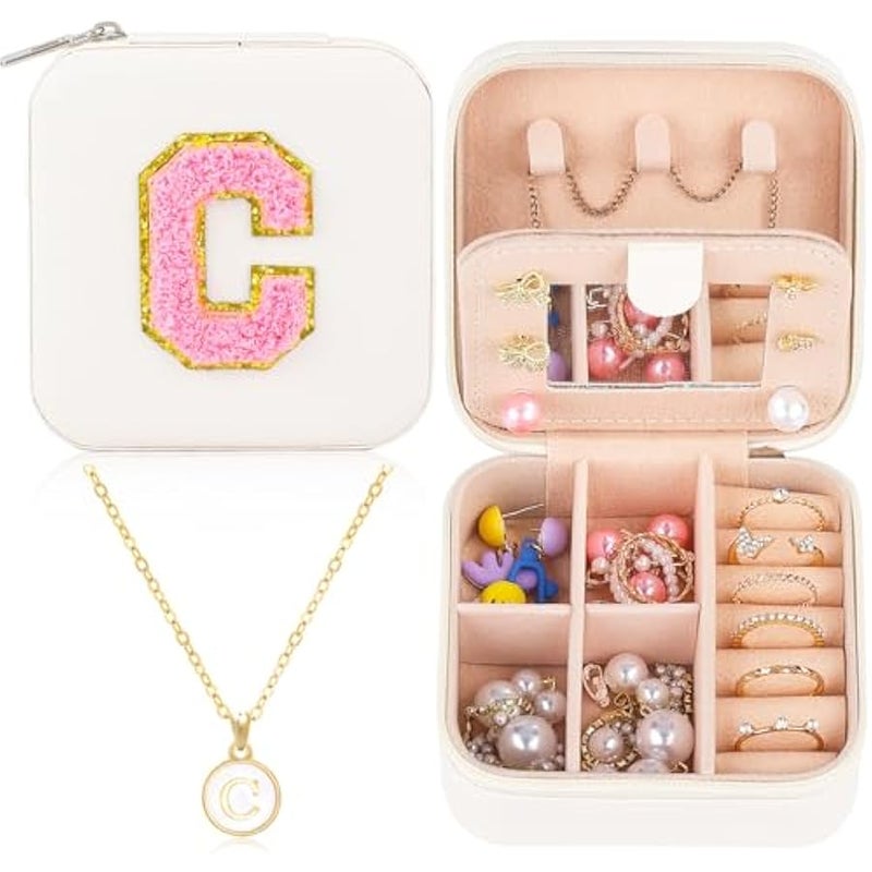 Small Travel Jewelry Case with Initial Jewelry Box Mini Jewelry Organizer Holder for Women Portable Personalized Teens Girls Birthday Gifts for Friends Sister Mom Bridesmaid Her（White C） - Image 1