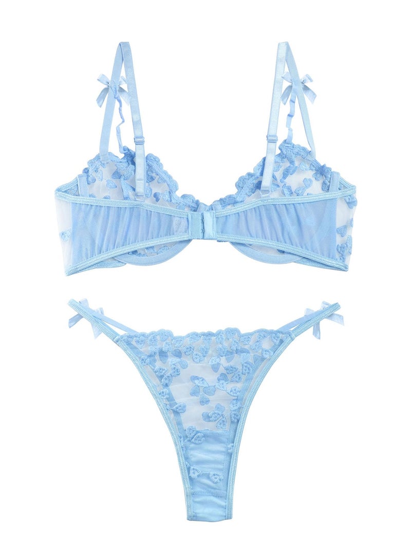 Lilosy Sexy Cute Underwire Push Up Strappy Heart Embroidered Mesh Sheer Lingerie Set for Women Bachelorette See Through Bra and Panty 2 Piece Bow Light Blue Small - Image 2