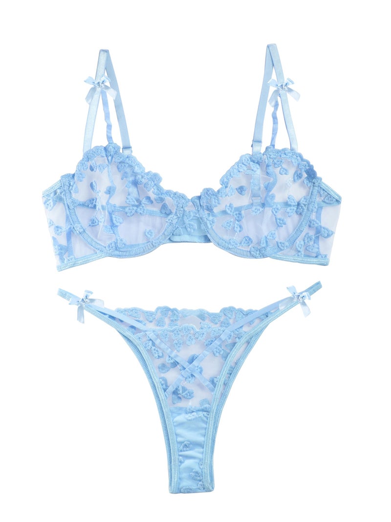 Lilosy Sexy Cute Underwire Push Up Strappy Heart Embroidered Mesh Sheer Lingerie Set for Women Bachelorette See Through Bra and Panty 2 Piece Bow Light Blue Small - Image 1