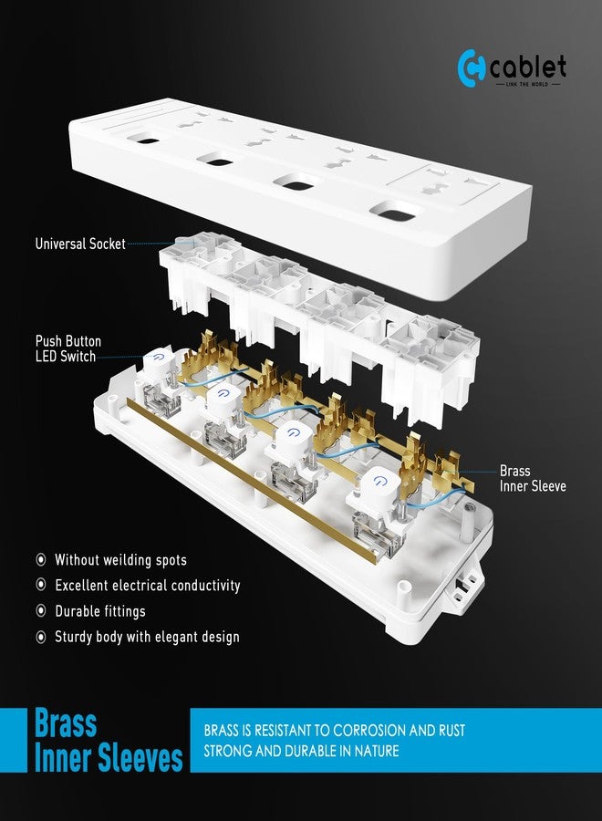 Cablet Extension Board 3 Meter Cable, 2500W 10A, 4 Universal Multi Plug Socket, 4 Individual Switches, 3 Mtr Heavy Duty Cord, LED Indicator, Power Strip for Home & Office Use - Image 3
