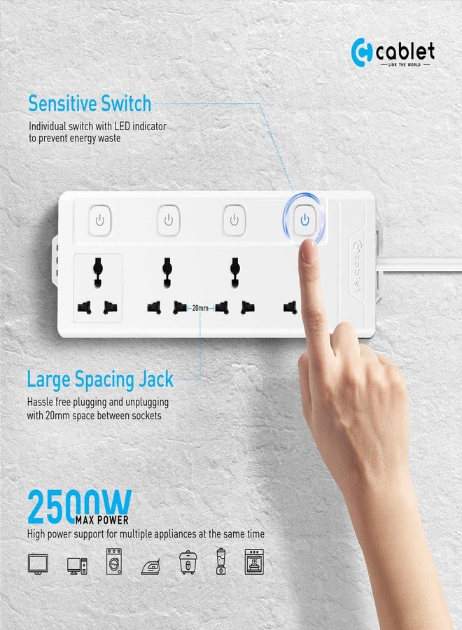 Cablet Extension Board 3 Meter Cable, 2500W 10A, 4 Universal Multi Plug Socket, 4 Individual Switches, 3 Mtr Heavy Duty Cord, LED Indicator, Power Strip for Home & Office Use - Image 2