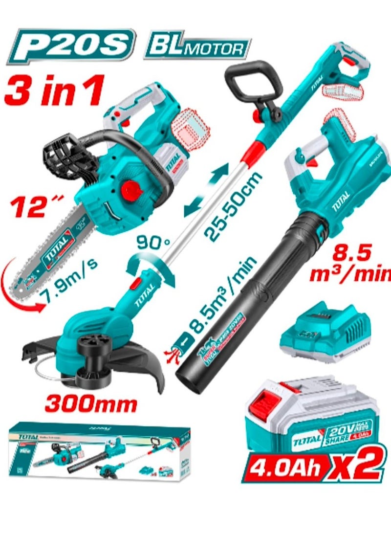 TOTAL Total Cordless 3 PCS Combo Kit 20V – Chainsaw, Grass Trimmer & Blower with 2 Batteries & Charger for Outdoor Yard Work & Construction  - Image 1