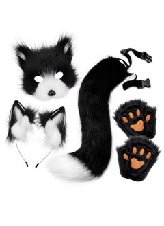 Generic Plush Fox Mask Set with Realistic Paws and Tail for Halloween Cosplay Black and white 