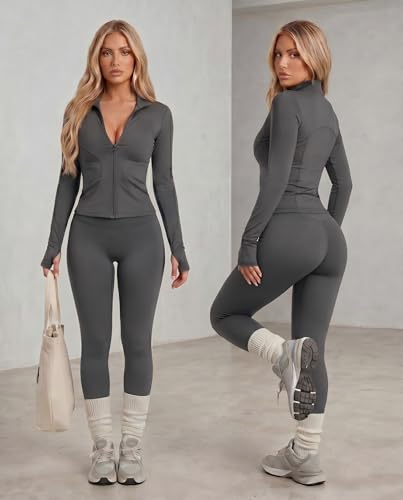Simlakey Women Workout Sets 2 Piece Seamless Yoga Outfits Long Sleeve Zip up Jacket High Waist Leggings Athletic Gym SetGreyLarge - Image 3