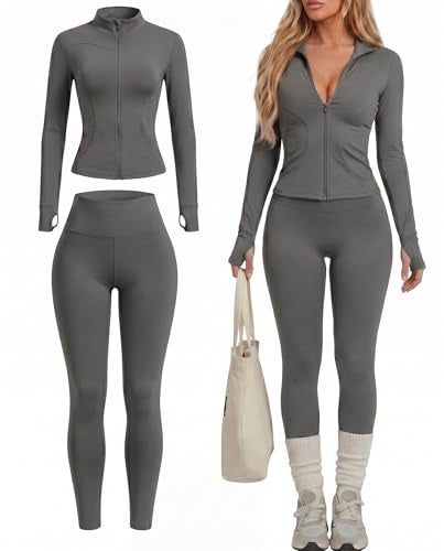 Simlakey Women Workout Sets 2 Piece Seamless Yoga Outfits Long Sleeve Zip up Jacket High Waist Leggings Athletic Gym SetGreyLarge - Image 1