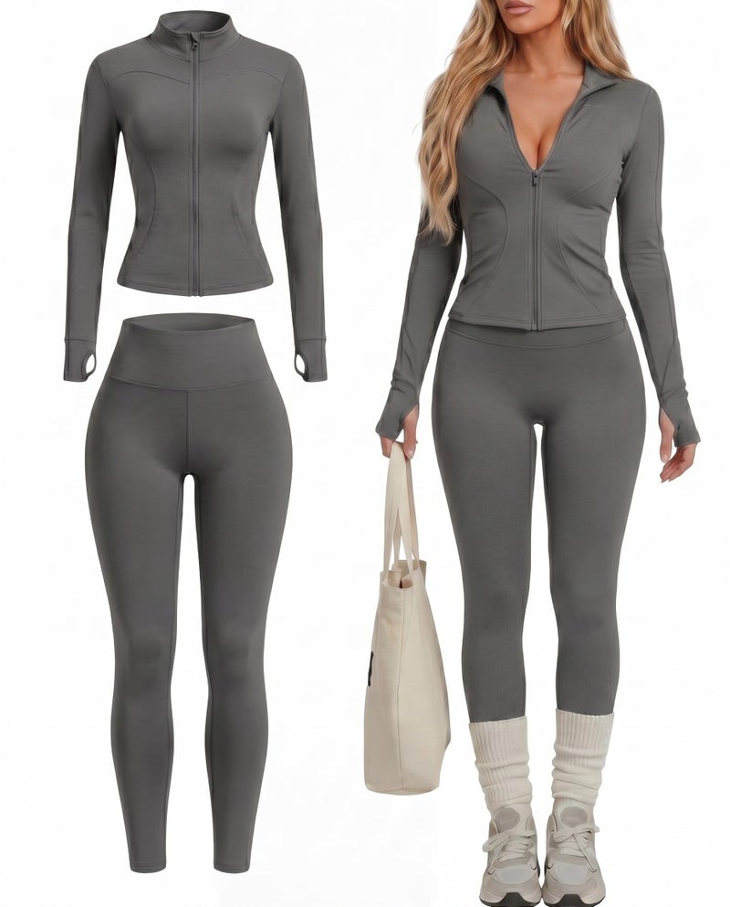 Simlakey Women Workout Sets 2 Piece Seamless Yoga Outfits Long Sleeve Zip up Jacket High Waist Leggings Athletic Gym SetGreyLarge - Image 2