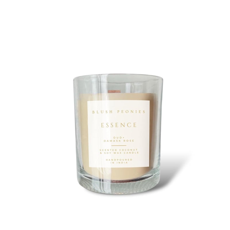 BLUSH PEONIES Essence Luxury Scented Candle by BLUSH PEONIES Oud Damask Rose Coconut Soy Wax Blend Wooden Wick 220g 170g Small  - Image 1
