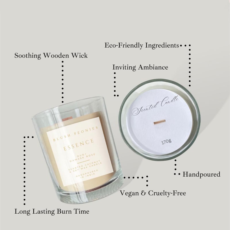 BLUSH PEONIES Essence Luxury Scented Candle by BLUSH PEONIES Oud Damask Rose Coconut Soy Wax Blend Wooden Wick 220g 170g Small  - Image 2