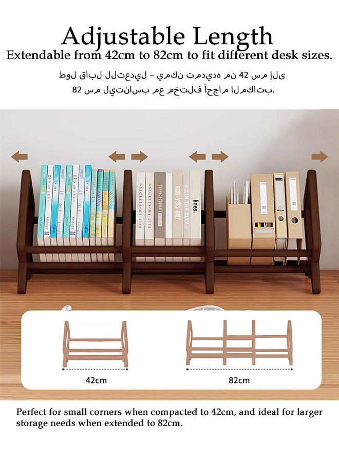 سولاكان رف كتب مكتبي قابل للتوسيع - منظم مكتب علوي لتخزين الكتب والمجلدات، حامل كتب موفر للمساحة، العرض من 42 إلى 82 سم × العمق 22 سم × الارتفاع 25 سم، بني - Image 5