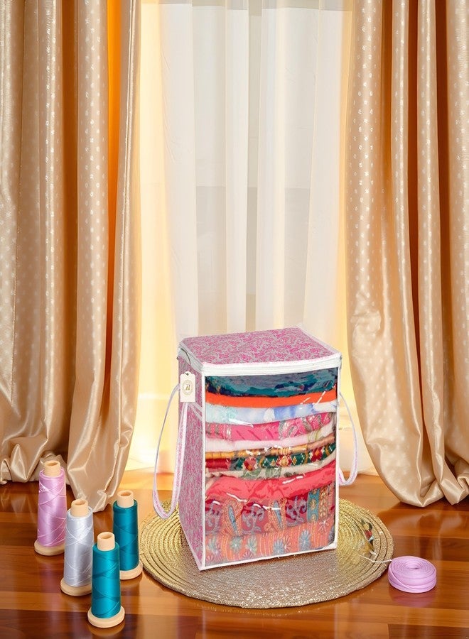 SHAPING FABRIC Pink Floral Fabric Saree Storage Bag with Transparent Front & Zipper Closure – Pack of 01 SNW-434 - Image 1