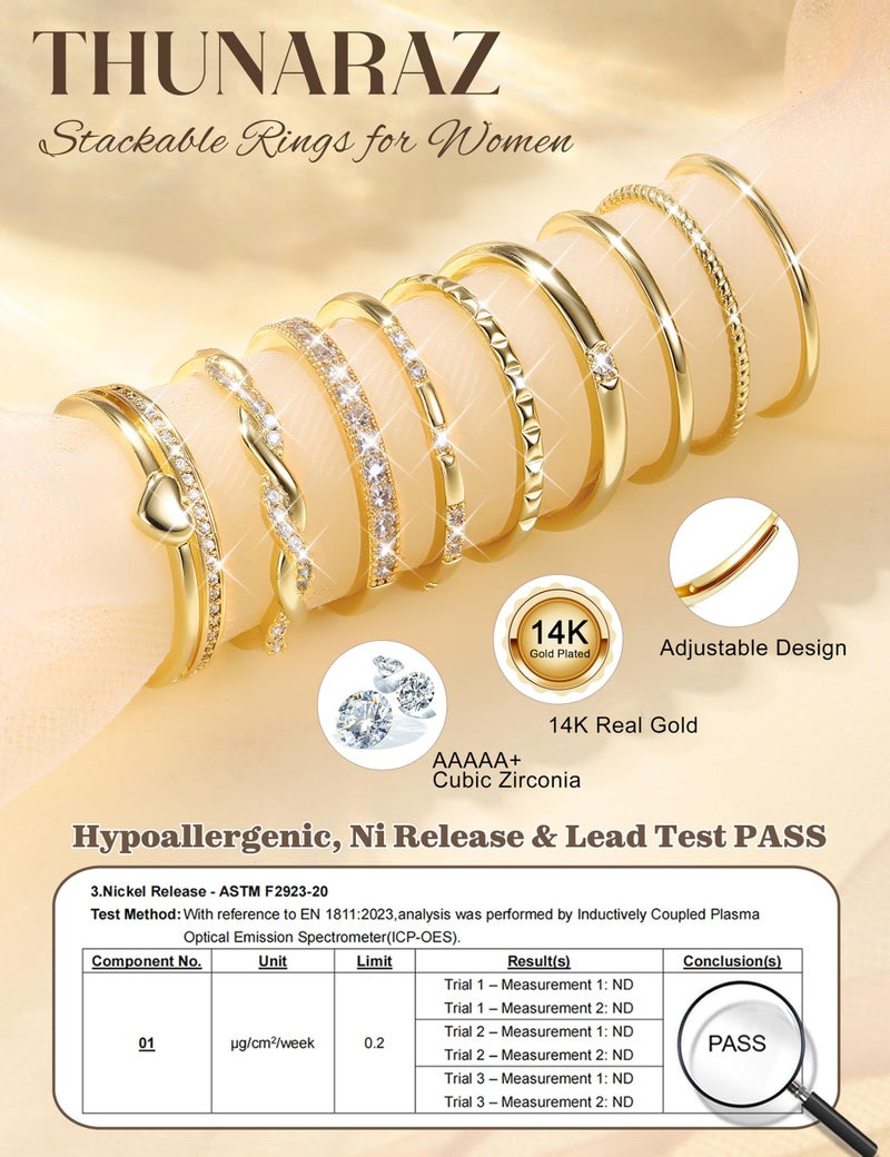 THUNARAZ Gold Stackable Rings for Women Non Tarnish Open Adjustable 14K Gold Plated Rings Trendy Stack Cubic Zirconia Thin Thumb Ring Set Minimalist Dainty Statement Band Ring G - Image 3