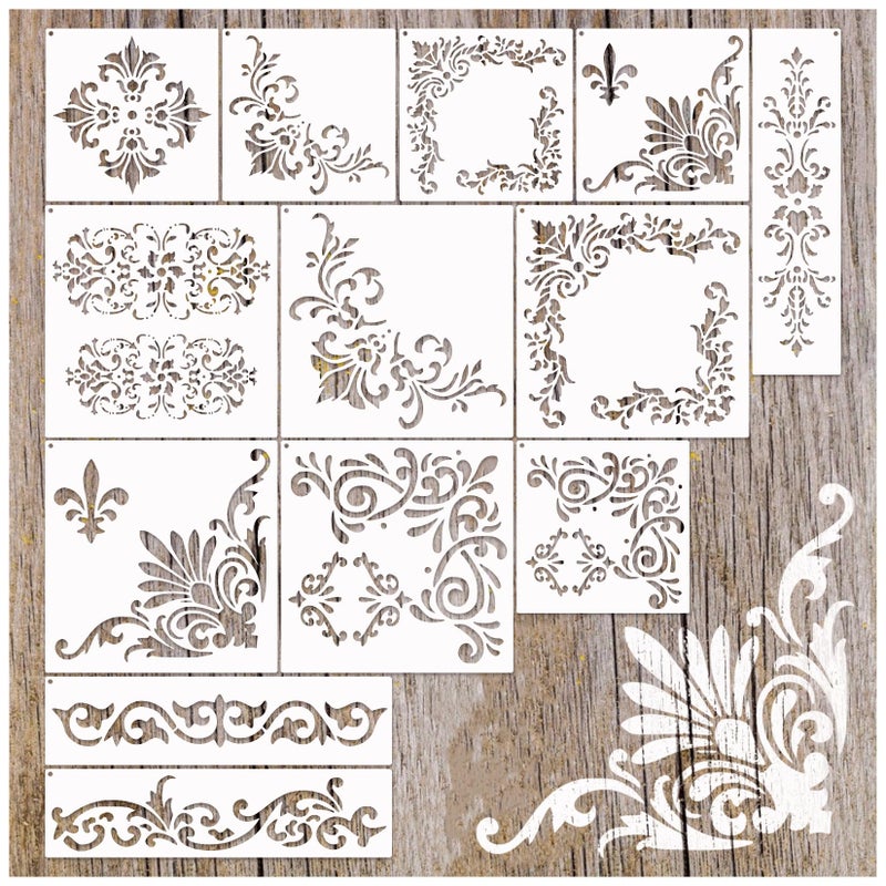 Yhliua Corner Border Stencils for Crafts, Mexican Flower Floral Lace Furniture Stencils for Painting on Wood Reusable Wood Burning Drawing Art Paint Patterns for Wall Cookie Canvas Floor (Corner) - Image 1