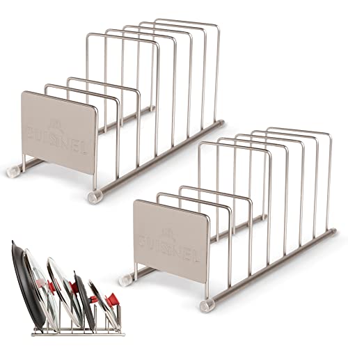 Cuisinel Lid and Dish Organizer Rack - 2-Pack Satin Nickel Kitchen Storage Organization Stand - Plate Holder, Pan/Pot Covers, Cutting Board and Cookie Sheet Divider - 7-Tier Cabinet/Counter Display - Image 1