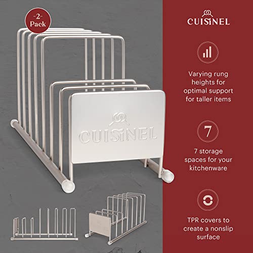 Cuisinel Lid and Dish Organizer Rack - 2-Pack Satin Nickel Kitchen Storage Organization Stand - Plate Holder, Pan/Pot Covers, Cutting Board and Cookie Sheet Divider - 7-Tier Cabinet/Counter Display - Image 2