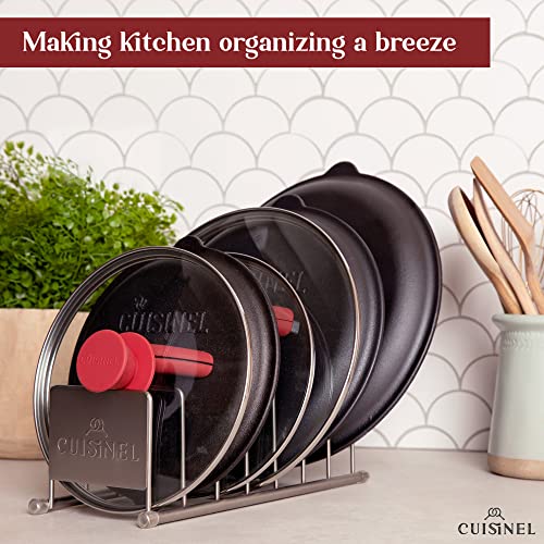 Cuisinel Lid and Dish Organizer Rack - 2-Pack Satin Nickel Kitchen Storage Organization Stand - Plate Holder, Pan/Pot Covers, Cutting Board and Cookie Sheet Divider - 7-Tier Cabinet/Counter Display - Image 5