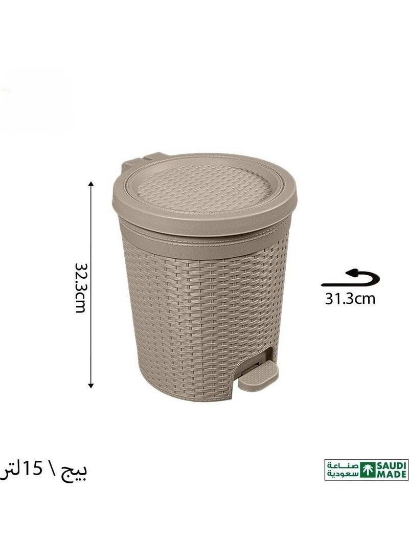 بلاستيكنا سلة مهملات مزودة بدواسة قدم، نسيج راتان دائرية  للمكاتب والغرف، 15لتر، لون بيج - Image 2