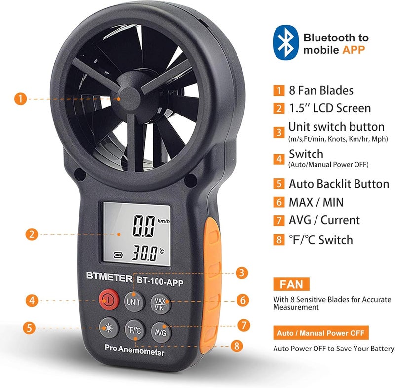 مقياس شدة الرياح BTMETER BT-100APP مع بلوتوث لاسلكي، مقياس رقمي محمول لسرعة الرياح لقياس برودة الرياح وسرعة الهواء ودرجة الحرارة، مقياس شدة الرياح ذو الريشة - Image 5
