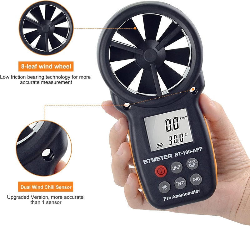 مقياس شدة الرياح BTMETER BT-100APP مع بلوتوث لاسلكي، مقياس رقمي محمول لسرعة الرياح لقياس برودة الرياح وسرعة الهواء ودرجة الحرارة، مقياس شدة الرياح ذو الريشة - Image 4