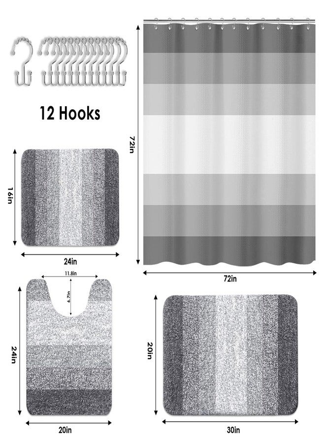Britimes Grey Stripes Bathroom Sets with Shower Curtain and Rugs, Ombre Modern Minimalist Striped Waterproof Shower Curtain Liner and Soft Non Slip Bath Mat for Bathroom Decor and Accessories Hooks - Image 3