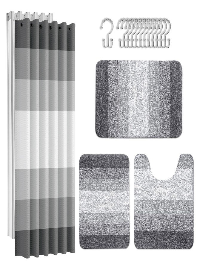 Britimes Grey Stripes Bathroom Sets with Shower Curtain and Rugs, Ombre Modern Minimalist Striped Waterproof Shower Curtain Liner and Soft Non Slip Bath Mat for Bathroom Decor and Accessories Hooks - Image 1