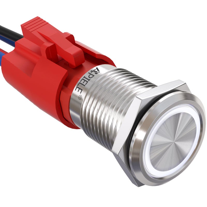 APIELE 10 Amp 16mm Latching Push Button Switch 12V Angel Eye LED Waterproof Stainless Steel Round Self Locking 1NO (16mm, White) - Image 1