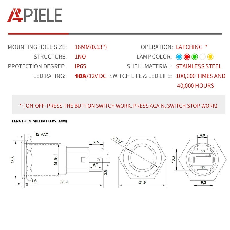 APIELE 10 Amp 16mm Latching Push Button Switch 12V Angel Eye LED Waterproof Stainless Steel Round Self Locking 1NO (16mm, White) - Image 2