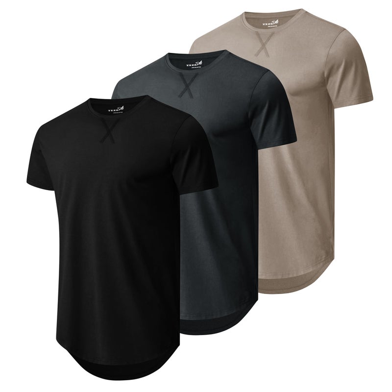 Mens 3 Pack Plain Cotton Shirts Short Sleeve Casual Crew Neck TShirts Hipster Hip Hop Longline Tees Shirts Drop Cut Curved Hem Shirt BKDGKA M