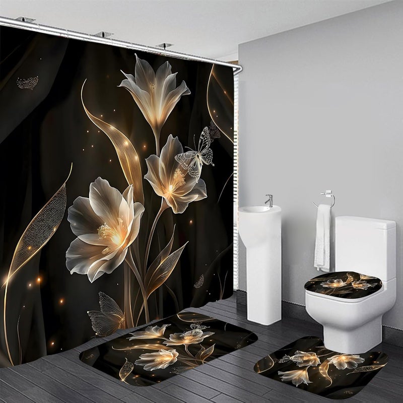 AZHM Floral Butterfly Pattern Shower Curtain for Bathroom 4 PCS Bathroom Decor Sets with Shower Curtain and Rugs and Accessories with 12 Hooks - Image 1