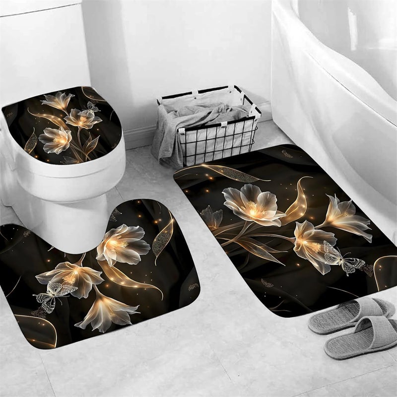 AZHM Floral Butterfly Pattern Shower Curtain for Bathroom 4 PCS Bathroom Decor Sets with Shower Curtain and Rugs and Accessories with 12 Hooks - Image 3