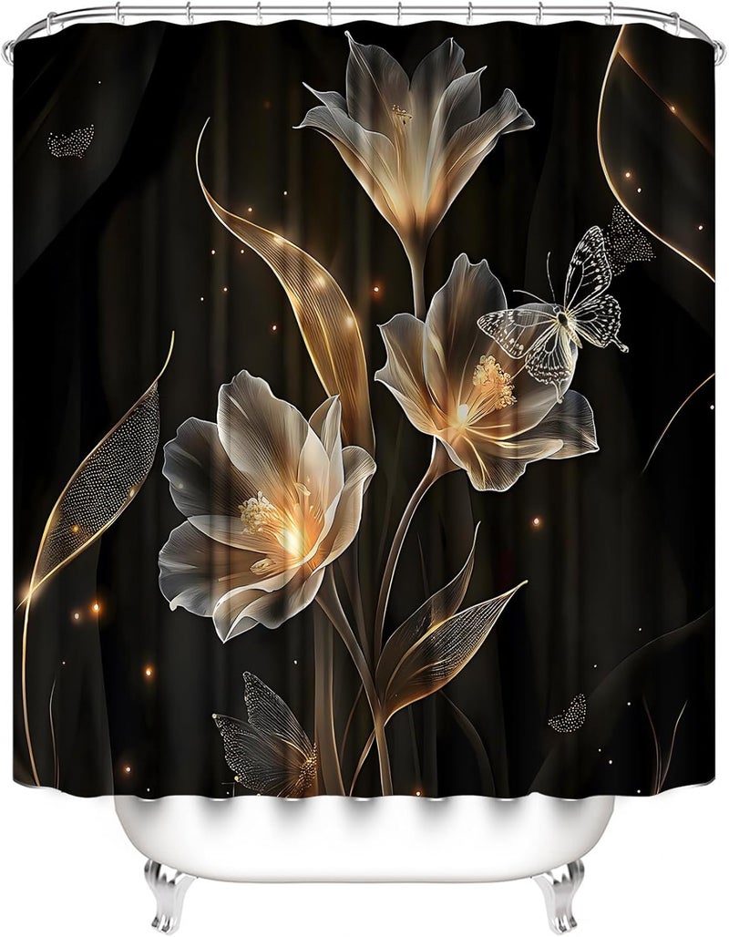 AZHM Floral Butterfly Pattern Shower Curtain for Bathroom 4 PCS Bathroom Decor Sets with Shower Curtain and Rugs and Accessories with 12 Hooks - Image 2