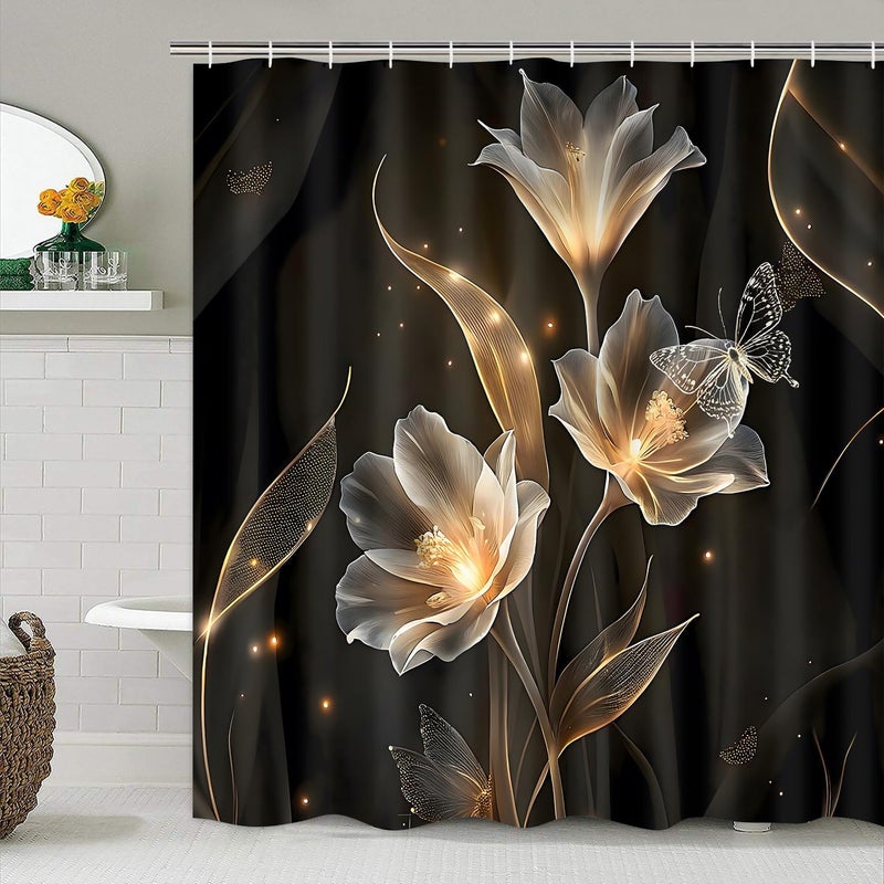 AZHM Floral Butterfly Pattern Shower Curtain for Bathroom 4 PCS Bathroom Decor Sets with Shower Curtain and Rugs and Accessories with 12 Hooks - Image 5