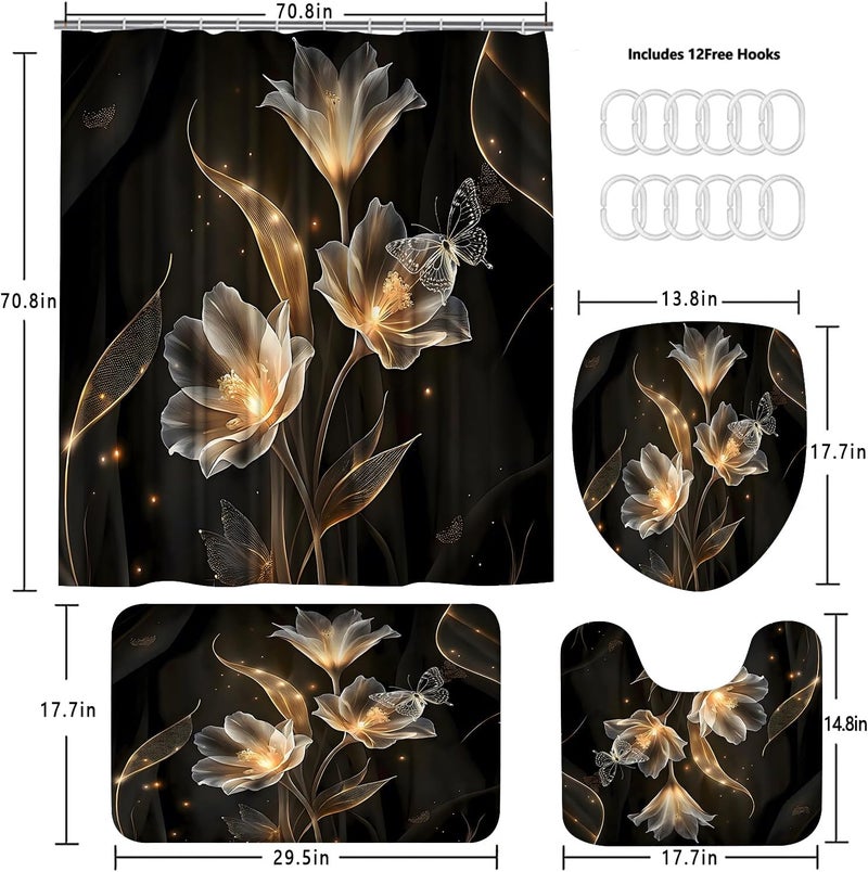AZHM Floral Butterfly Pattern Shower Curtain for Bathroom 4 PCS Bathroom Decor Sets with Shower Curtain and Rugs and Accessories with 12 Hooks - Image 4