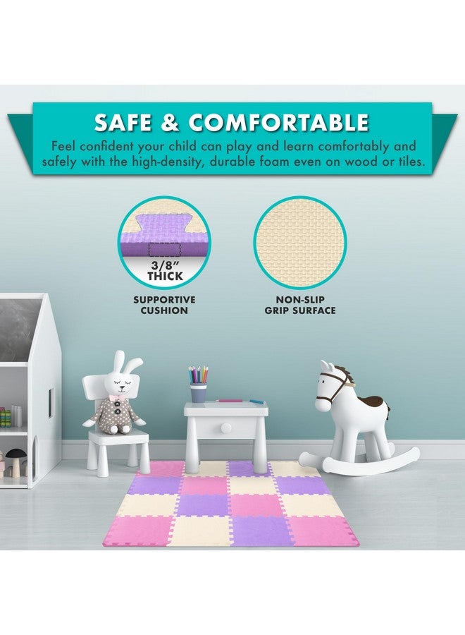 ProSource Foam Puzzle Floor Play Mat for Kids and Babies with Solid Colors, 36 or 16 Interlocking Tiles with Borders, Pink/Purple/Beige - Image 4