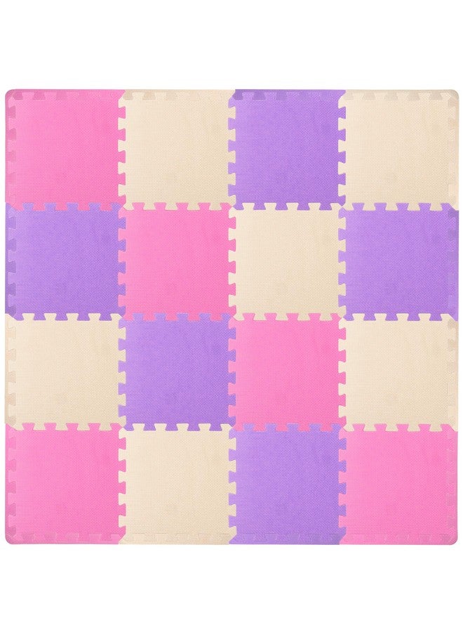 ProSource Foam Puzzle Floor Play Mat for Kids and Babies with Solid Colors, 36 or 16 Interlocking Tiles with Borders, Pink/Purple/Beige - Image 1