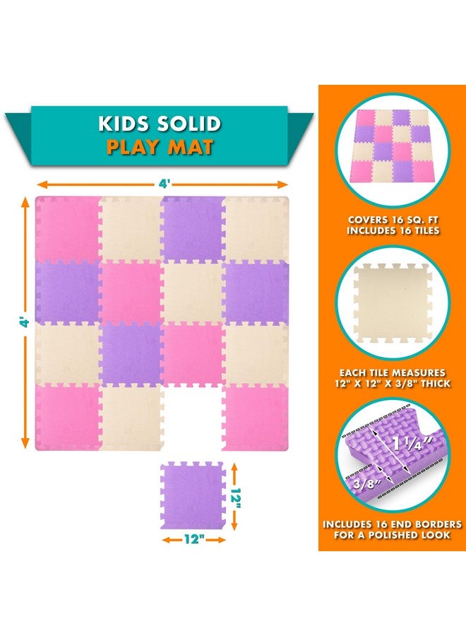 ProSource Foam Puzzle Floor Play Mat for Kids and Babies with Solid Colors, 36 or 16 Interlocking Tiles with Borders, Pink/Purple/Beige - Image 2
