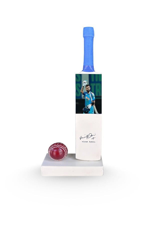 Frixan Wood Miniature Cricket Momento Virat Kohli Printed (Not Original) Cricket bat with Stand and Mini Lader Ball Decorative Cricket Memorabilia Set - Image 1