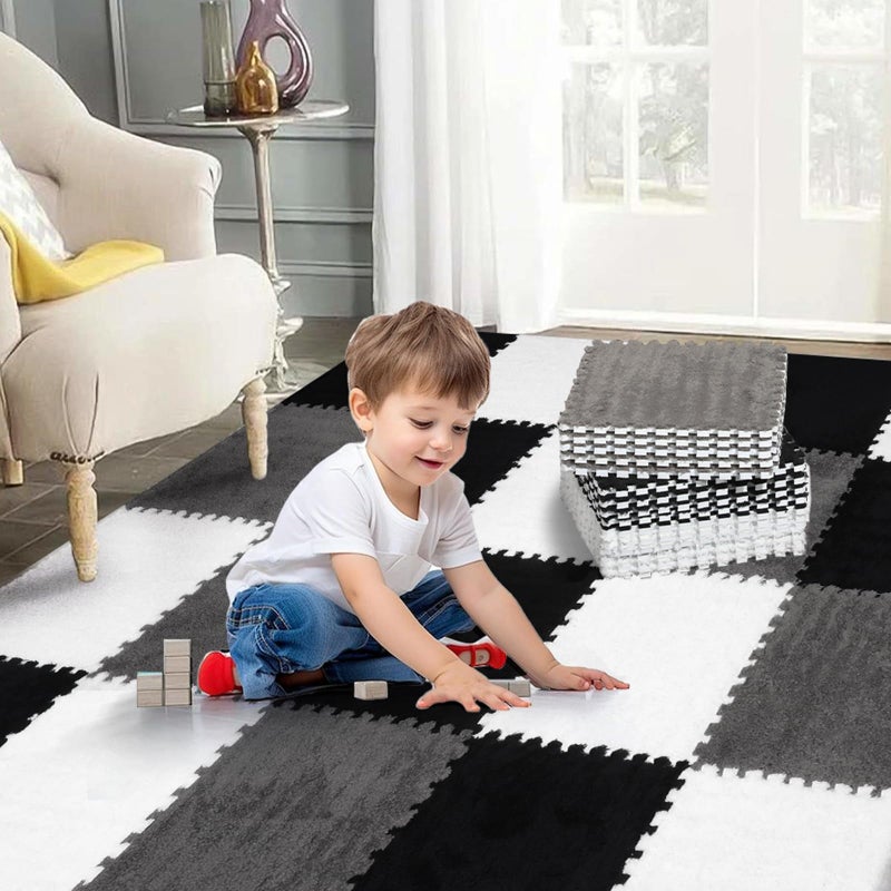 ZENOWICK 12 Pcs Plush Interlocking Carpet Tiles, Non-Toxic Foam Carpet Tiles for Toddler Baby, Anti-Slip, EVA Foam Interlocking Tiles for Floor, Nursery, Playroom, Grey White Black - Image 2
