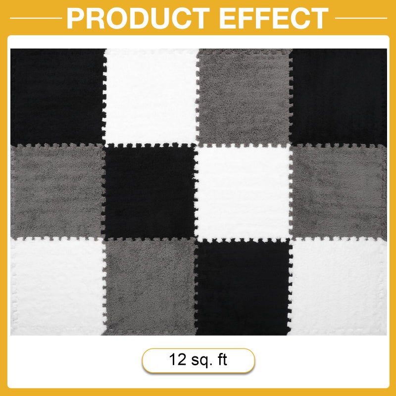 ZENOWICK 12 Pcs Plush Interlocking Carpet Tiles, Non-Toxic Foam Carpet Tiles for Toddler Baby, Anti-Slip, EVA Foam Interlocking Tiles for Floor, Nursery, Playroom, Grey White Black - Image 4