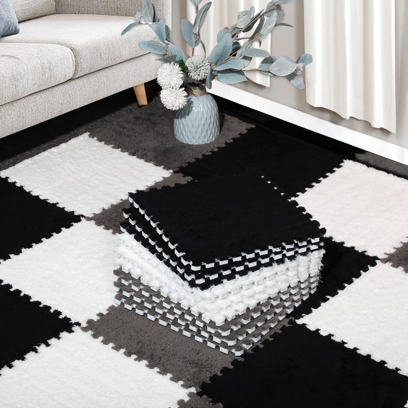 ZENOWICK 12 Pcs Plush Interlocking Carpet Tiles, Non-Toxic Foam Carpet Tiles for Toddler Baby, Anti-Slip, EVA Foam Interlocking Tiles for Floor, Nursery, Playroom, Grey White Black - Image 1