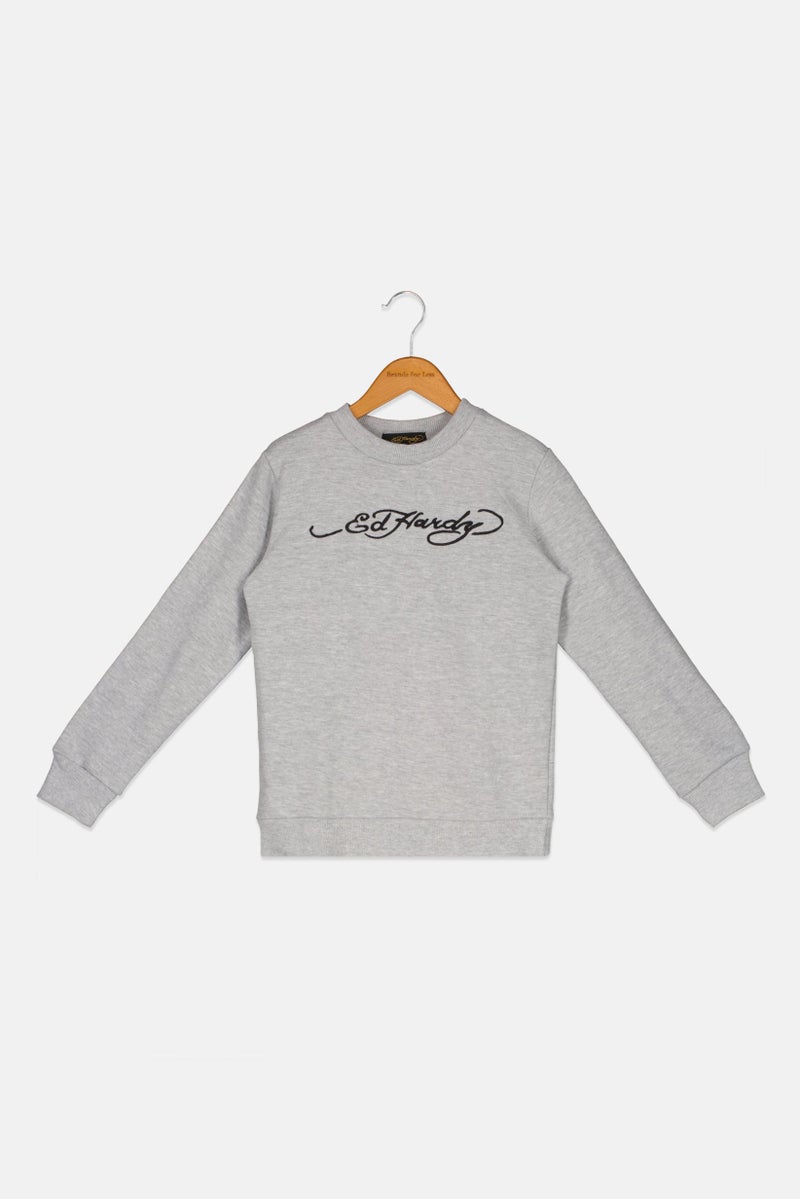 Ed Hardy سويت شيرت طويل الأكمام مطرّز للأولاد، رمادي - Image 1