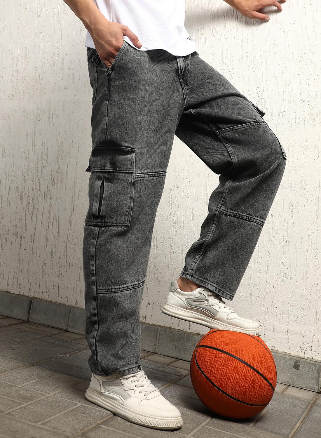 Black Relaxed Fit Men’s Jeans, Mid-Rise, Mildly Distressed, Light Fade, Cotton