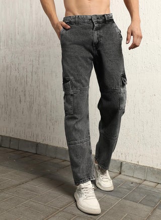 Black Relaxed Fit Men’s Jeans, Mid-Rise, Mildly Distressed, Light Fade, Cotton - view 2