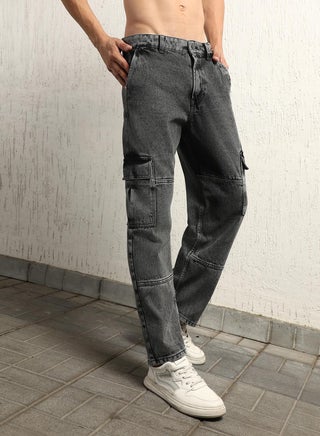 Black Relaxed Fit Men’s Jeans, Mid-Rise, Mildly Distressed, Light Fade, Cotton - view 5
